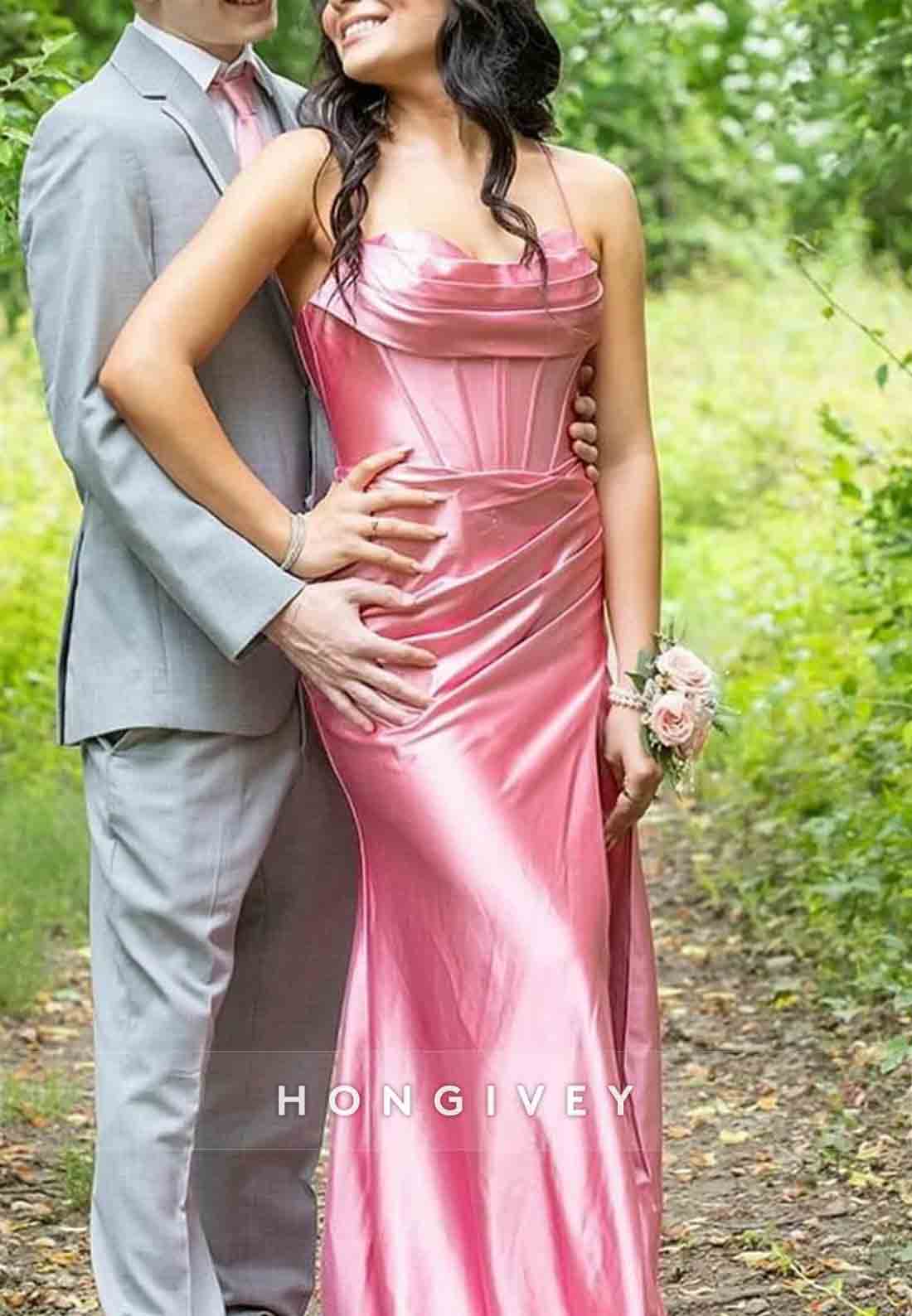 Cowl Neck Rose Spaghetti Straps Ruched Mermaid Long Prom Dress with Slit