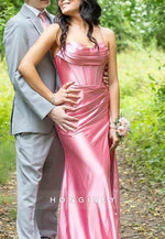 Cowl Neck Rose Spaghetti Straps Ruched Mermaid Long Prom Dress with Slit