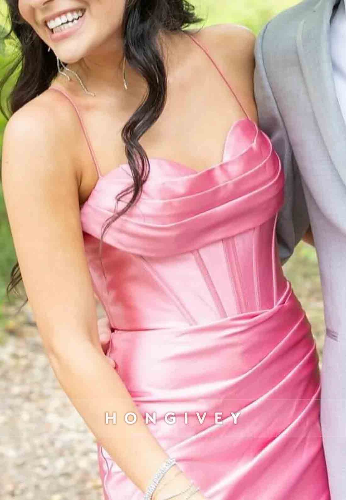 Cowl Neck Rose Spaghetti Straps Ruched Mermaid Long Prom Dress with Slit