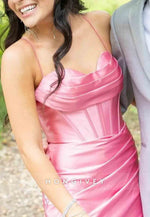 Cowl Neck Rose Spaghetti Straps Ruched Mermaid Long Prom Dress with Slit