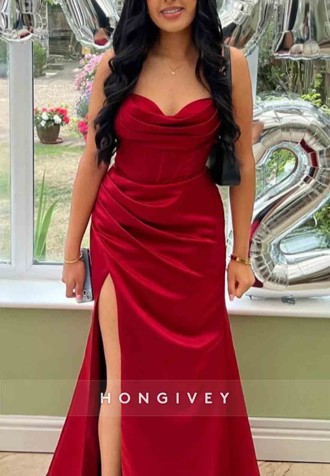 Cowl Neck Rose Spaghetti Straps Ruched Mermaid Long Prom Dress with Slit