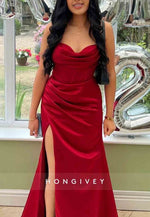 Cowl Neck Rose Spaghetti Straps Ruched Mermaid Long Prom Dress with Slit