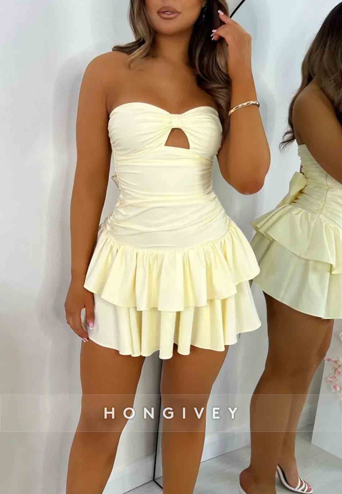 A-Line Strapless Cream Yellow Sweetheart Tiered Ruffle Mini Homecoming Dress