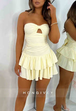 A-Line Strapless Cream Yellow Sweetheart Tiered Ruffle Mini Homecoming Dress