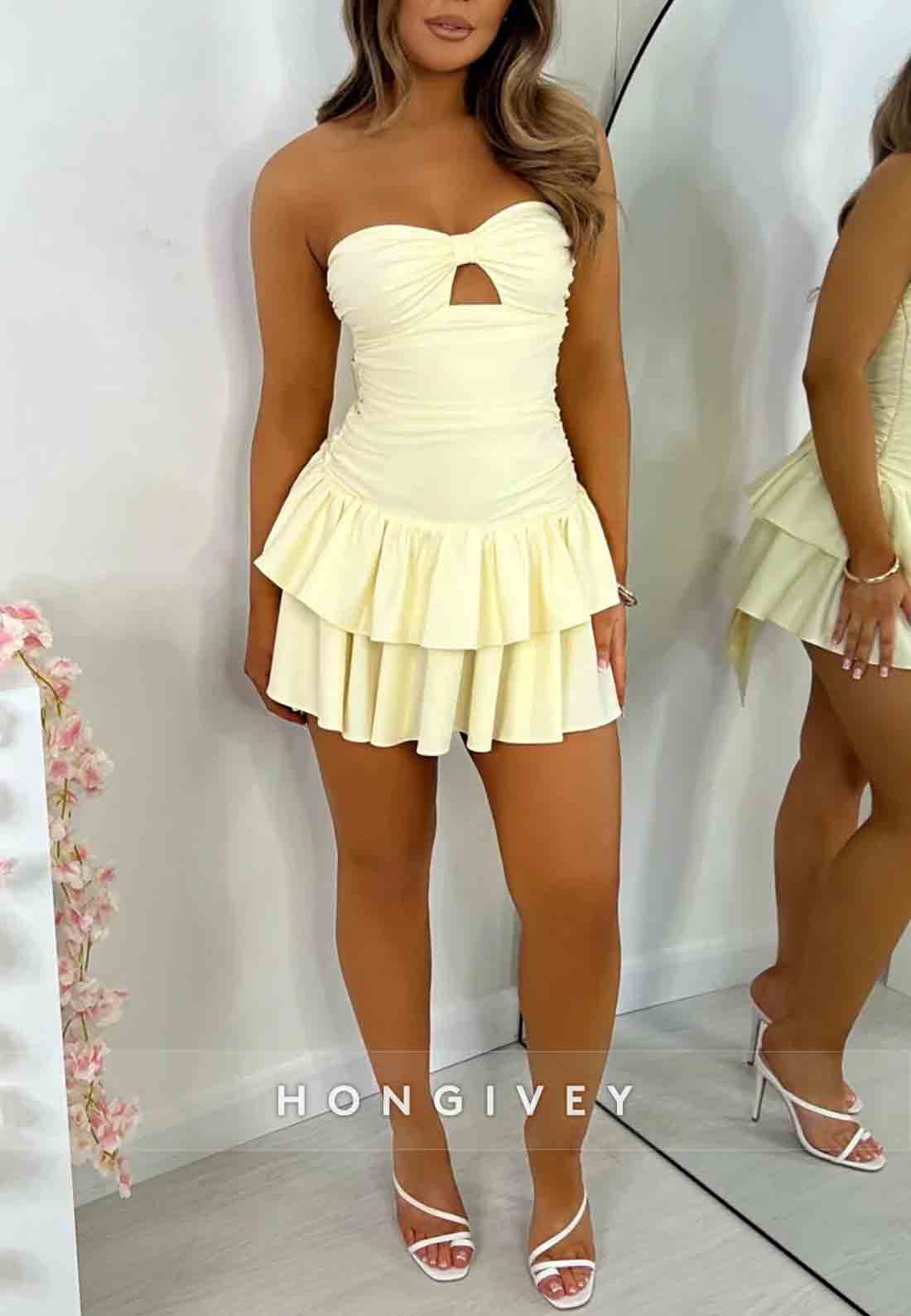 A-Line Strapless Cream Yellow Sweetheart Tiered Ruffle Mini Homecoming Dress