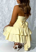 A-Line Strapless Cream Yellow Sweetheart Tiered Ruffle Mini Homecoming Dress