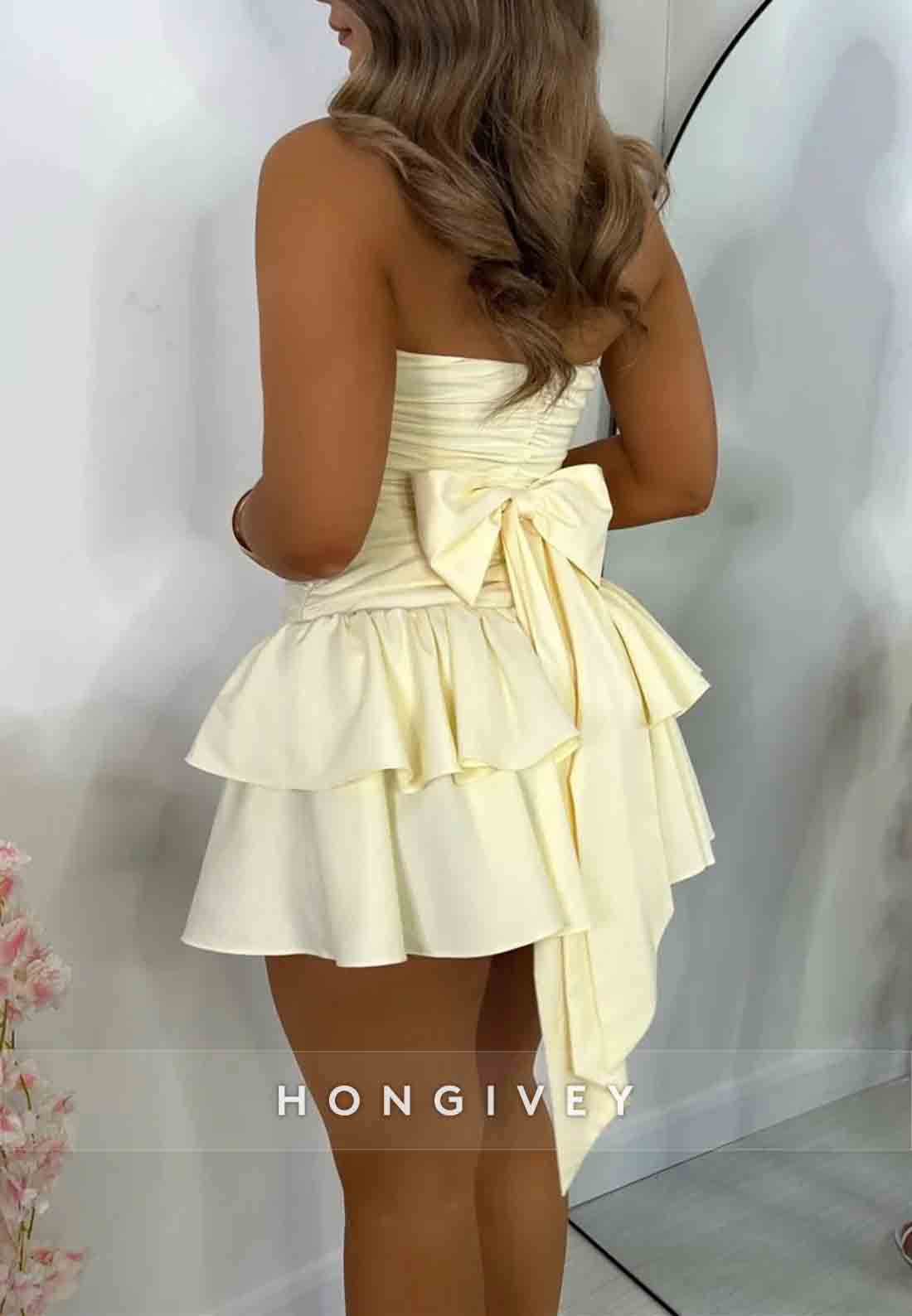 A-Line Strapless Cream Yellow Sweetheart Tiered Ruffle Mini Homecoming Dress