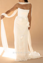 Halter Column Floor-Length Strapless Wedding Dresses with 3D Flowers