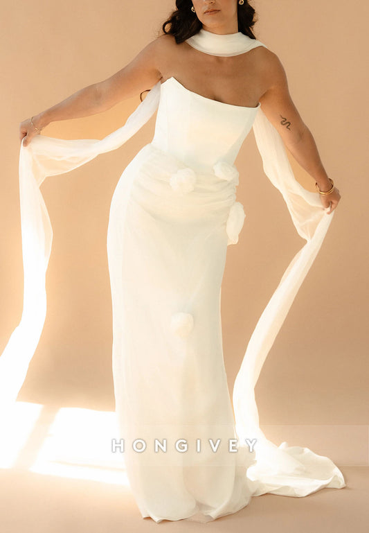 Halter Column Floor-Length Strapless Wedding Dresses with 3D Flowers