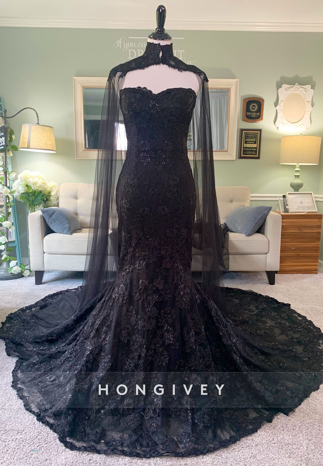 Gothic Black Mermaid Wedding Dress with Cape Veil & Removable Sleeves