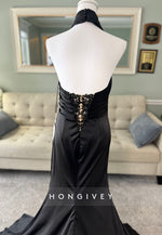 Halter Neck Lace Pleated Open Back Mermaid Black Wedding Dresses with High Slit