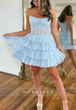 Cute Strapless A-Line Zipper Back Tiered Tulle Homecoming Dress with Ruffles