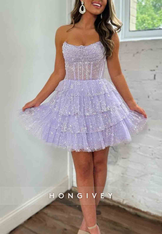 Cute Strapless A-Line Zipper Back Tiered Tulle Homecoming Dress with Ruffles