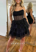 Cute Strapless A-Line Zipper Back Tiered Tulle Homecoming Dress with Ruffles