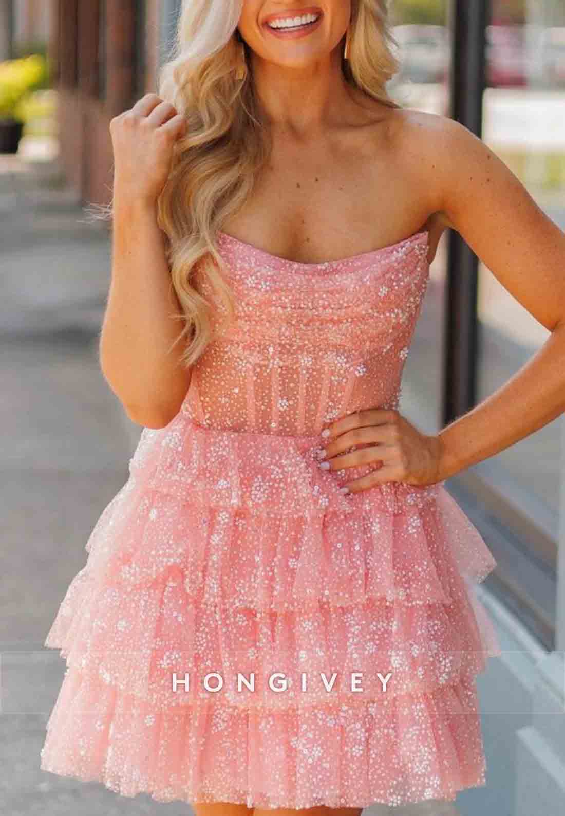 Cute Strapless A-Line Zipper Back Tiered Tulle Homecoming Dress with Ruffles