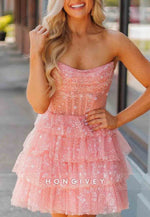 Cute Strapless A-Line Zipper Back Tiered Tulle Homecoming Dress with Ruffles