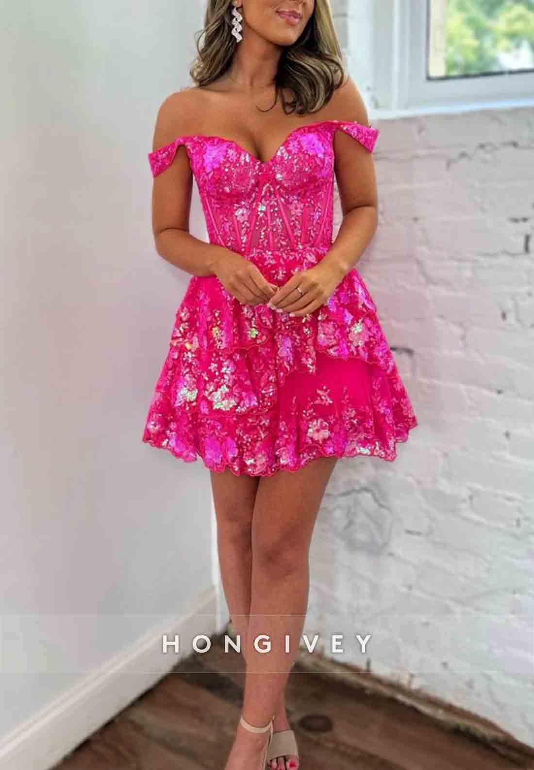 Sparkly Off The Shoulder A-Line Tiered Short Homecoming Dress With Appliques