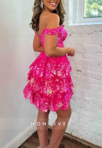 Sparkly Off The Shoulder A-Line Tiered Short Homecoming Dress With Appliques