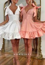 Low V-Neck Bowknot A-Line Pleated Satin Glitter Princess Short Homecoming Dresses