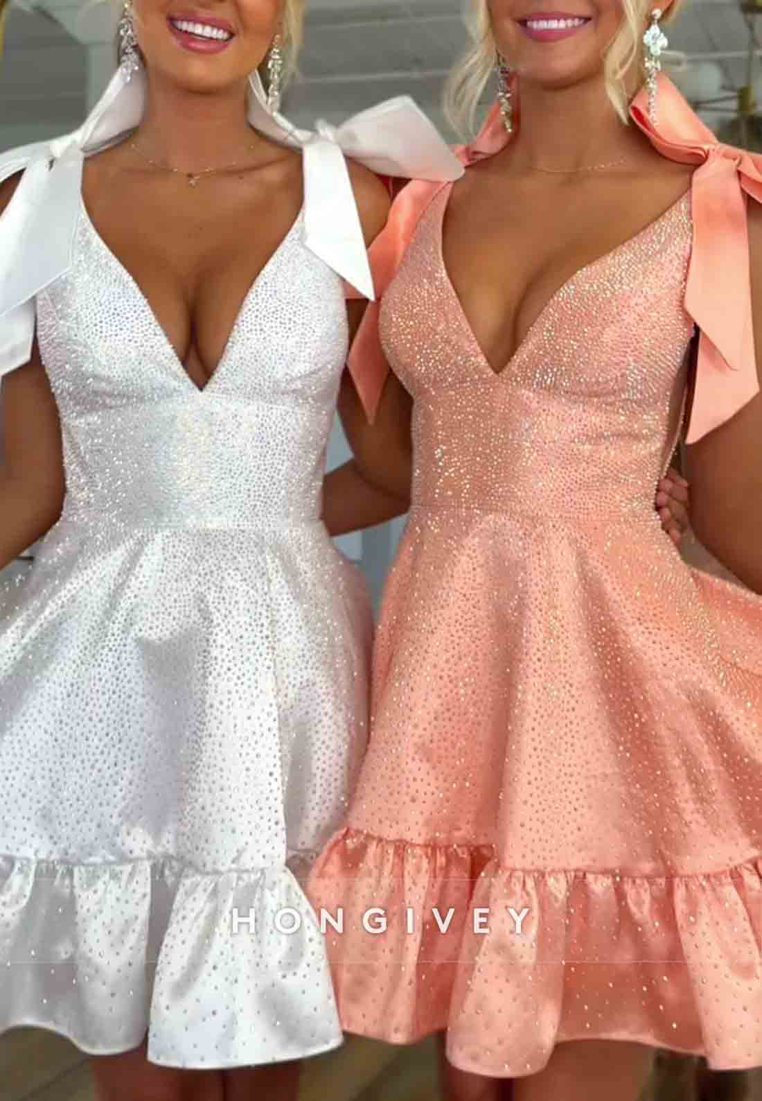 Low V-Neck Bowknot A-Line Pleated Satin Glitter Princess Short Homecoming Dresses