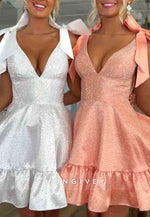 Low V-Neck Bowknot A-Line Pleated Satin Glitter Princess Short Homecoming Dresses