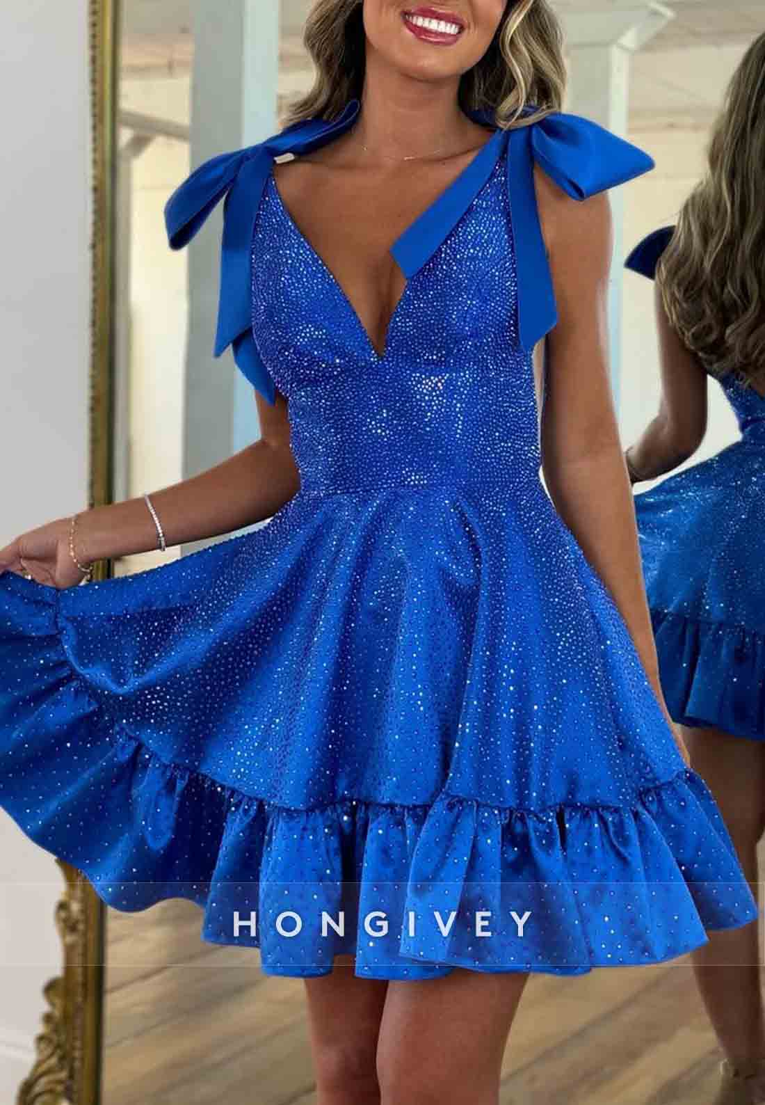 Low V-Neck Bowknot A-Line Pleated Satin Glitter Princess Short Homecoming Dresses