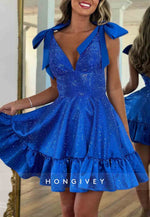 Low V-Neck Bowknot A-Line Pleated Satin Glitter Princess Short Homecoming Dresses