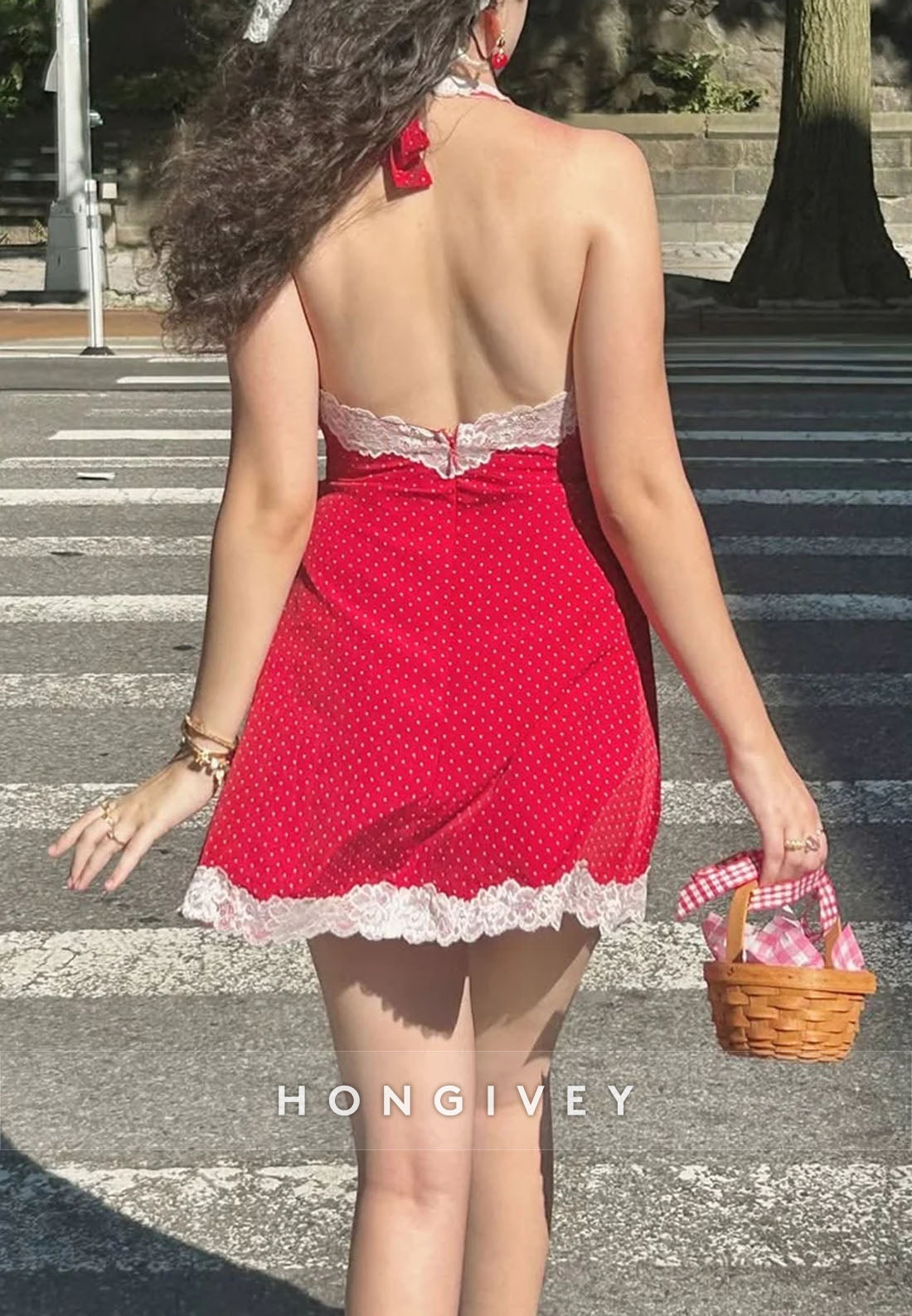 Cute A Line Halter Neck Red Polka Dots Short Homecoming Dress with Lace