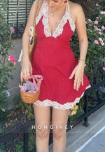 Cute A Line Halter Neck Red Polka Dots Short Homecoming Dress with Lace