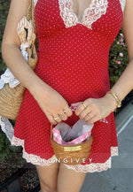 Cute A Line Halter Neck Red Polka Dots Short Homecoming Dress with Lace