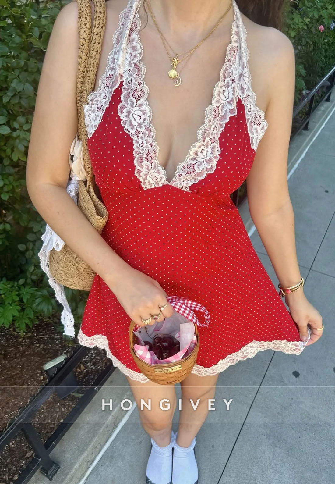 Cute A Line Halter Neck Red Polka Dots Short Homecoming Dress with Lace