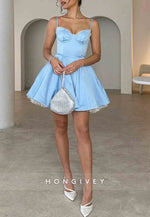 Cute A Line Spaghetti Straps Blue Satin Pleated Short Homecoming Dress