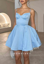 Cute A Line Spaghetti Straps Blue Satin Pleated Short Homecoming Dress
