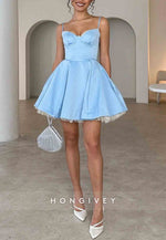 Cute A Line Spaghetti Straps Blue Satin Pleated Short Homecoming Dress
