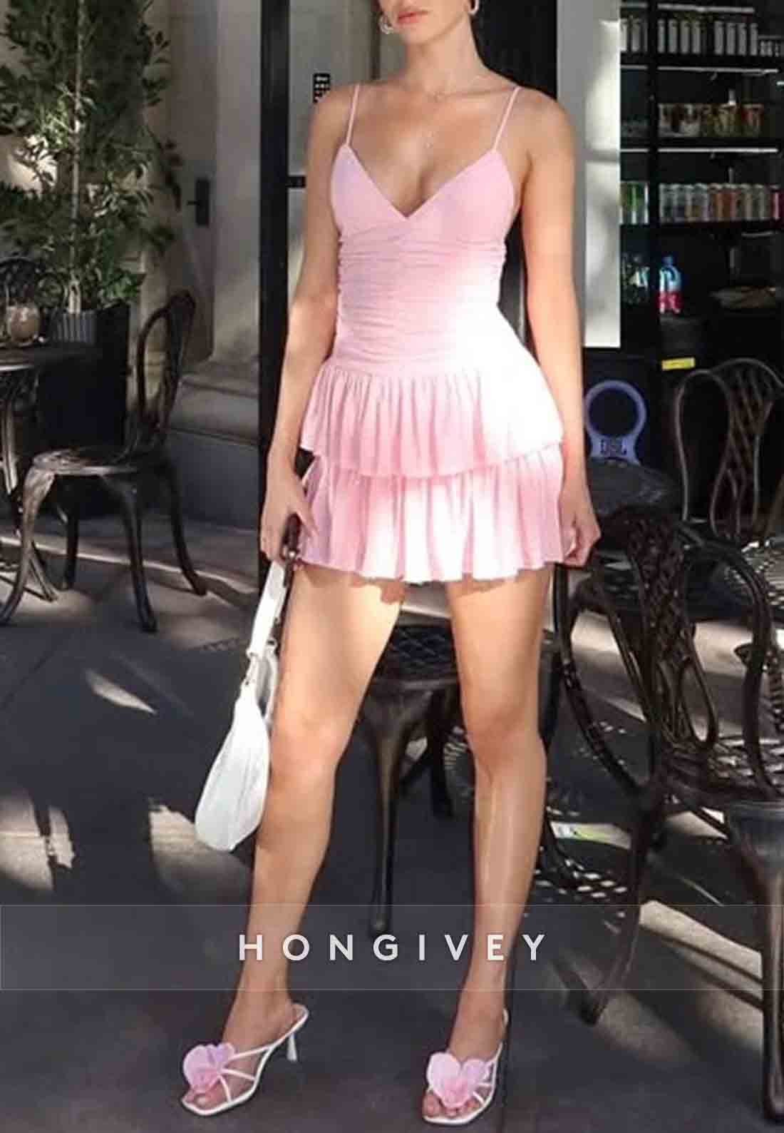 Cute A Line Spaghetti Straps Pink Short Homecoming Dress with Ruffles
