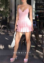 Cute A Line Spaghetti Straps Pink Short Homecoming Dress with Ruffles