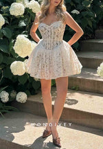 Cute A Line Spaghetti Straps White Lace Short Homecoming Dress with Ruffles
