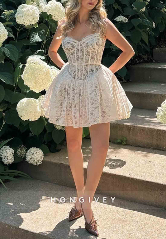 Cute A Line Spaghetti Straps White Lace Short Homecoming Dress with Ruffles