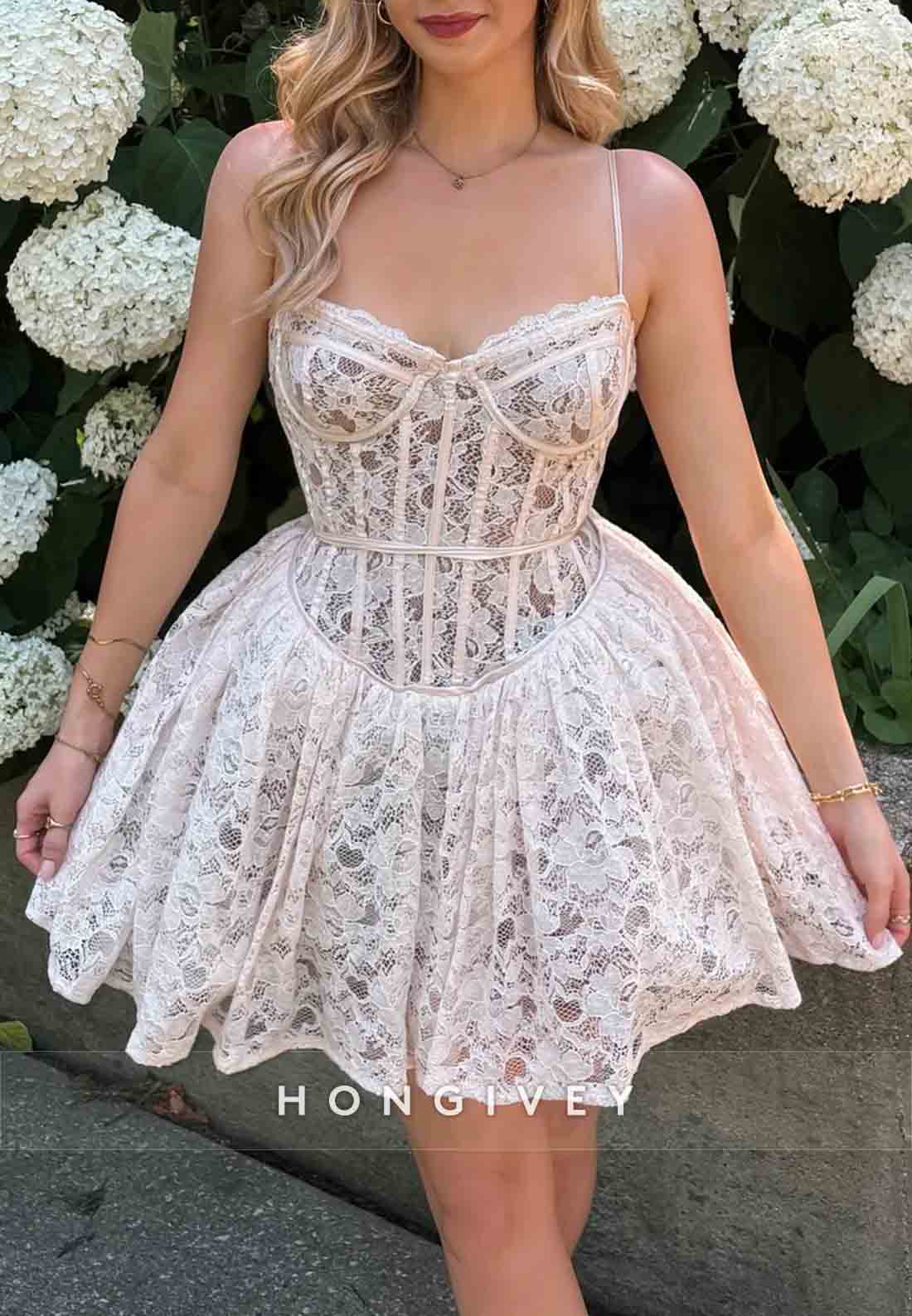 Cute A Line Spaghetti Straps White Lace Short Homecoming Dress with Ruffles