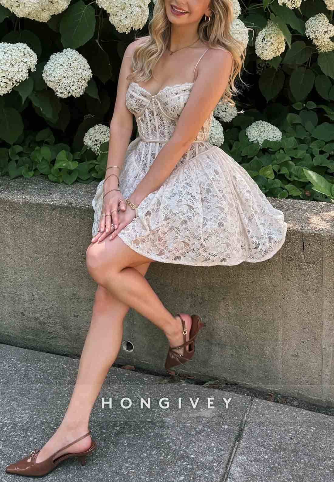 Cute A Line Spaghetti Straps White Lace Short Homecoming Dress with Ruffles