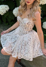 Cute A Line Spaghetti Straps White Lace Short Homecoming Dress with Ruffles
