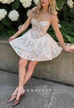 Cute A Line Spaghetti Straps White Lace Short Homecoming Dress with Ruffles