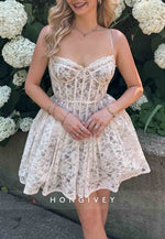 Cute A Line Spaghetti Straps White Lace Short Homecoming Dress with Ruffles