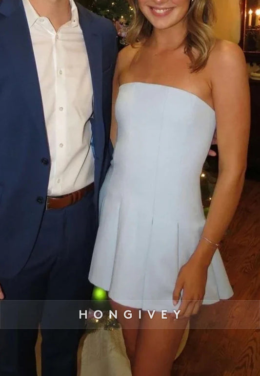 Cute A-Line Strapless Light Blue Short Homecoming Dress with Ruched