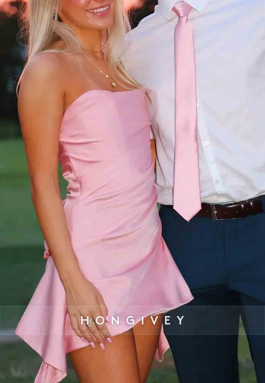 Cute A-Line Strapless Pink Elastic Satin Sleeveless Short Homecoming Dress
