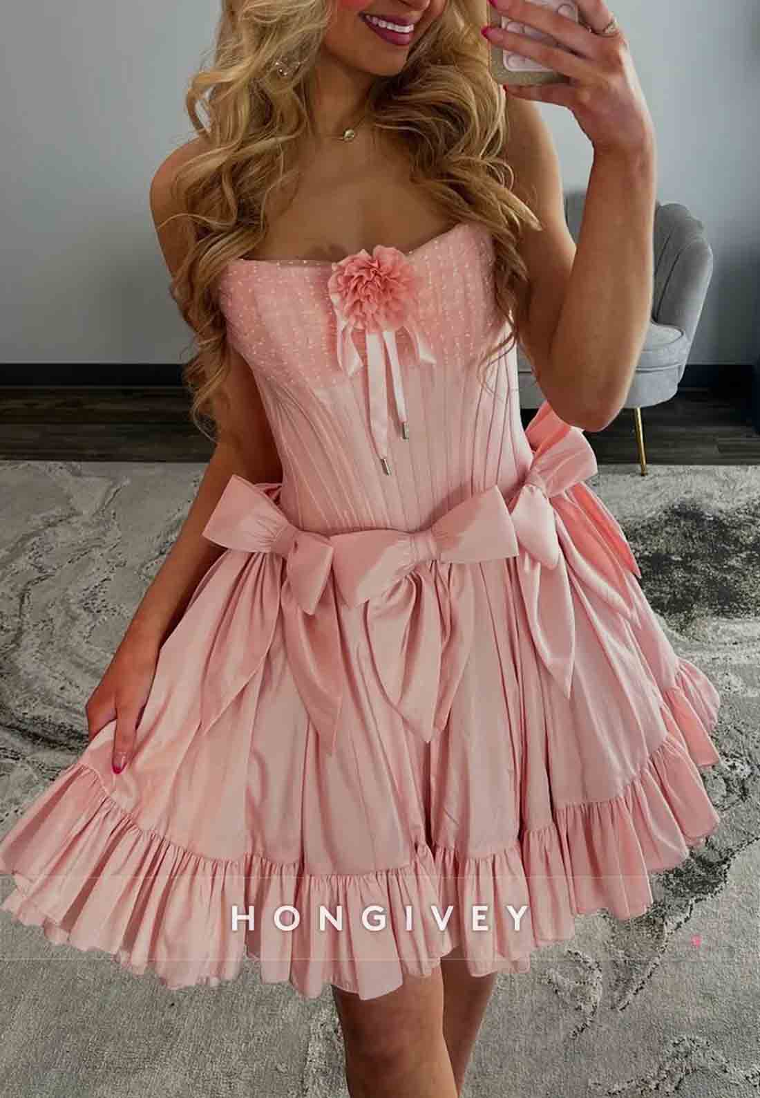 Cute A Line Strapless Pink Short Homecoming Dress with Bowknot Flowers