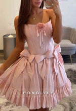 Cute A Line Strapless Pink Short Homecoming Dress with Bowknot Flowers