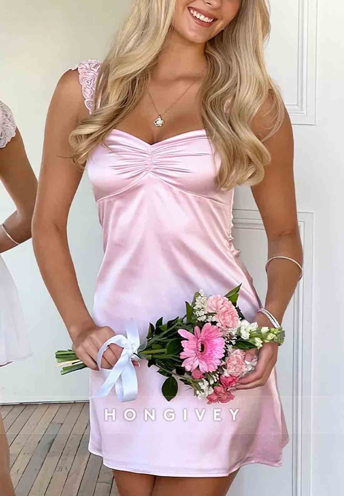 Cute A-Line Sweetheart Pink Elastic Satin Short Homecoming Dress with Lace