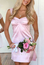 Cute A-Line Sweetheart Pink Elastic Satin Short Homecoming Dress with Lace