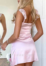 Cute A-Line Sweetheart Pink Elastic Satin Short Homecoming Dress with Lace